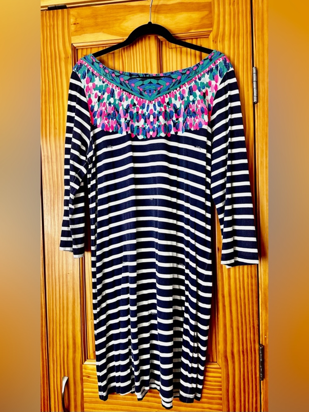 Lilly Pulitzer Navy & White Dress with Pink and Teal Embroidered Yoke
